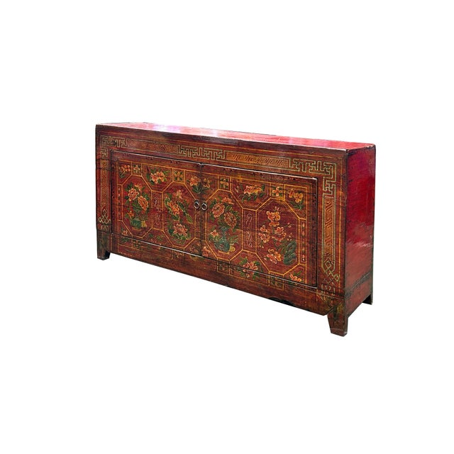 Wood Vintage Orange Red Brown Floral Graphic Credenza Sideboard Cabinet For Sale - Image 7 of 10