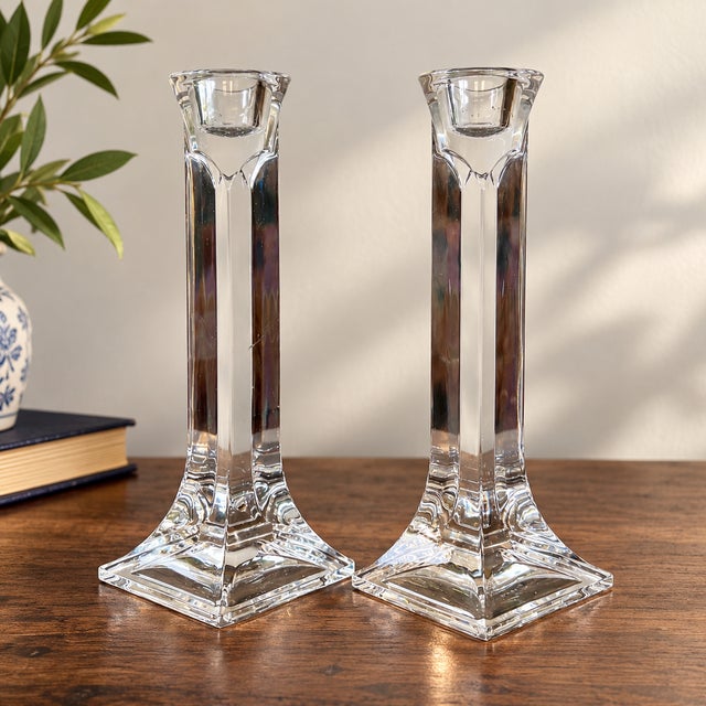 Vintage Austrian Toscany Lead Crystal Geometric Candlesticks – Pair For Sale - Image 4 of 12