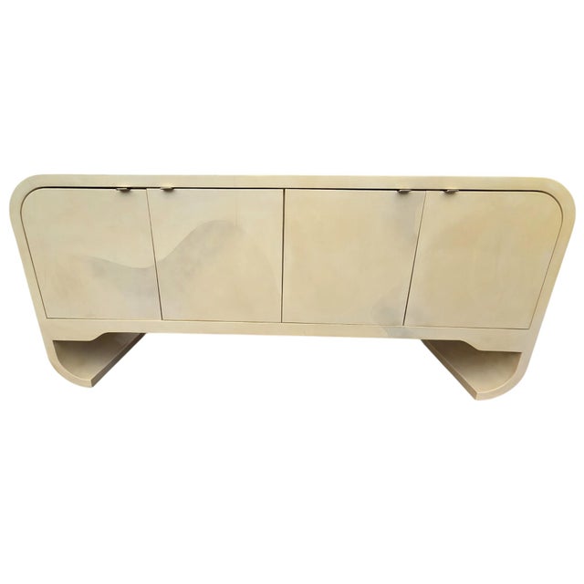 Wood Vintage 1970s Faux Goatskin Console Buffet Karl Springer Style Postmodern Credenza For Sale - Image 7 of 17