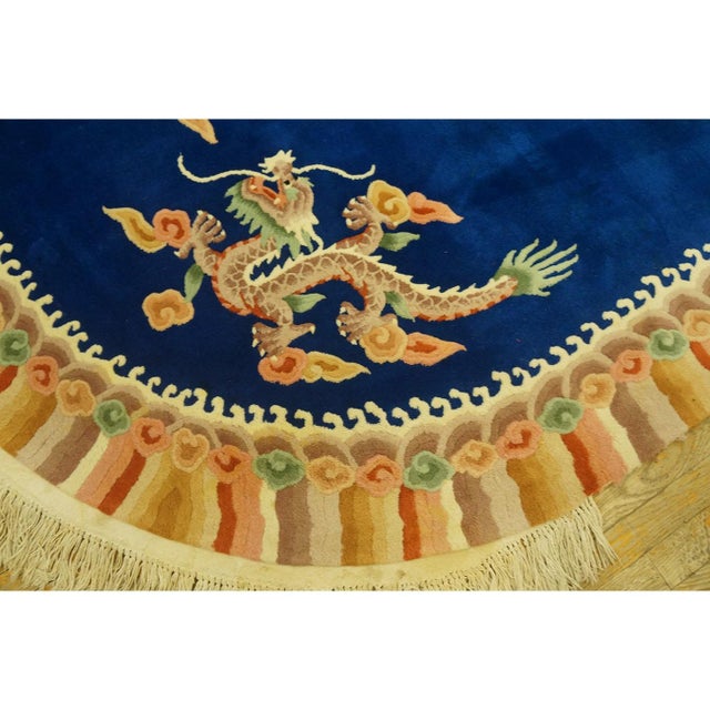1980s Blue Dragon Modern Vintage Chinese Art Deco Carpet Knotted Wool Oval Rug For Sale In New York - Image 6 of 9