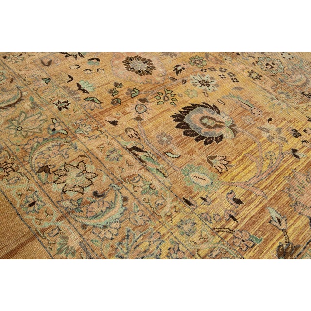 Textile Mid-Century Transitional Style Handmade Allover Floral Tan Wool Rug For Sale - Image 7 of 8