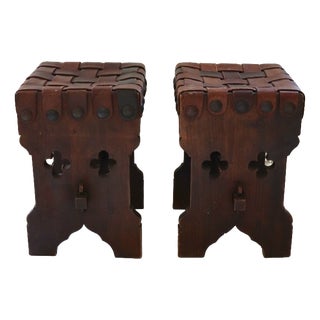 Vintage Brutalist Wood and Leather Stools, 1950s, Set of 2 For Sale