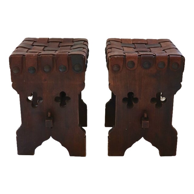 Vintage Brutalist Wood and Leather Stools, 1950s, Set of 2 For Sale