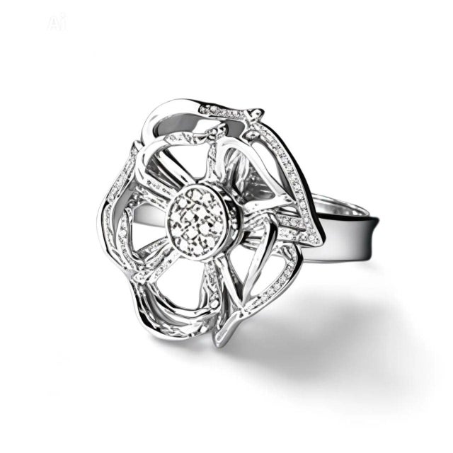 Mid 20th Century 14k White Gold Filigree Diamond Floral Cocktail Ring, Size 7.5 For Sale - Image 4 of 4