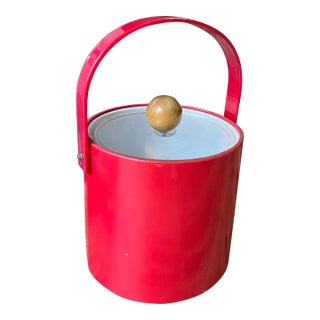 1970s Red Plastic Ice Bucket/Champagne Bucket With Wooden Handle on Lid For Sale