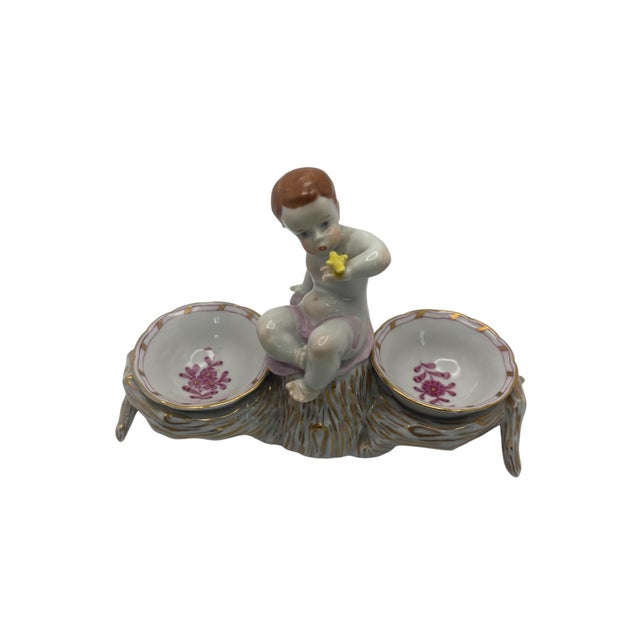 White 1980s Figurative Herend Porcelain Chinese Bouquet Raspberry Cherub Double Salt Dip For Sale - Image 8 of 9