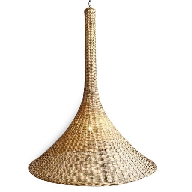 Mid-Century Modern Contemporary Natural Wicker Trumpet Pendant Light Large For Sale - Image 3 of 11