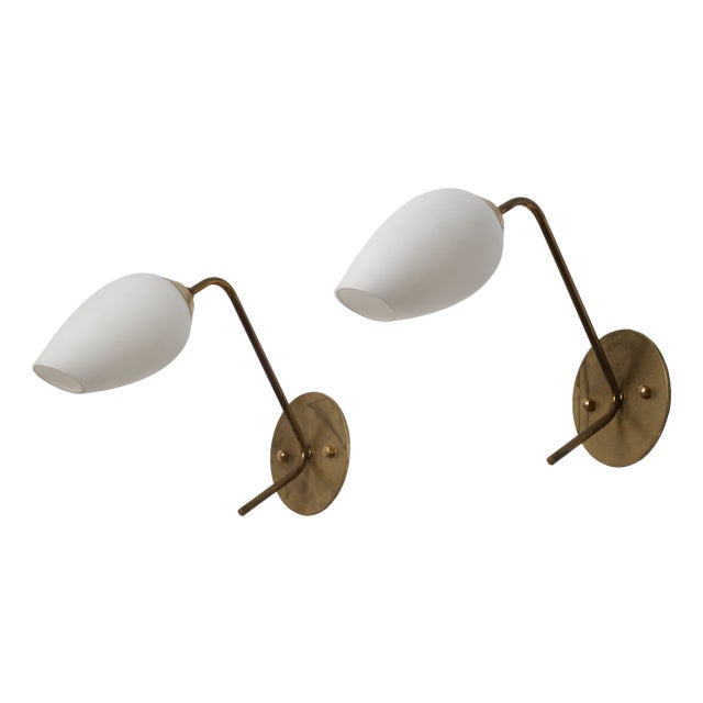 Italian Wall Sconces in Brass and Opaline Glass, 1950s, Set of 2 For Sale