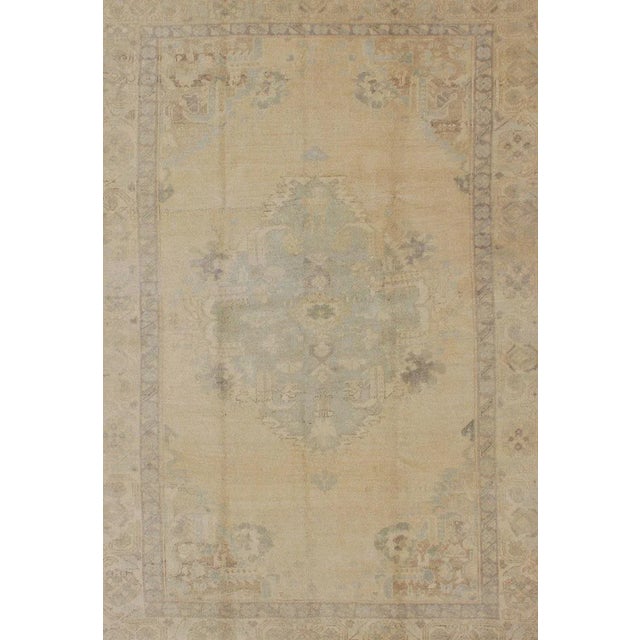 Oushak Vintage Turkish Rug With Faded Central Medallion Design in Cream Colors For Sale - Image 4 of 13