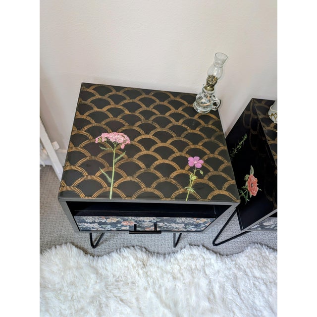 Moody Botanical Functional Art | Vintage Nightstand Pair | Hand-Decorated | Resin Top | Hairpin Legs For Sale In Seattle - Image 6 of 11