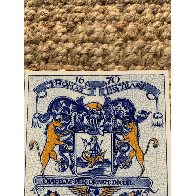 French Country Dutch Delft Heraldic Tile in Blue and White For Sale - Image 3 of 6