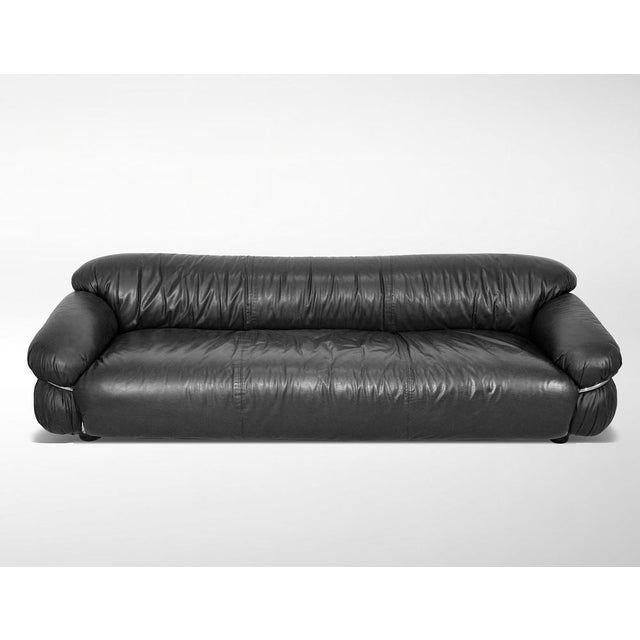 Three seater sofa designed by Gianfranco Frattini for Cassina, 1969. Original manufacturer's label. Black Leather,...