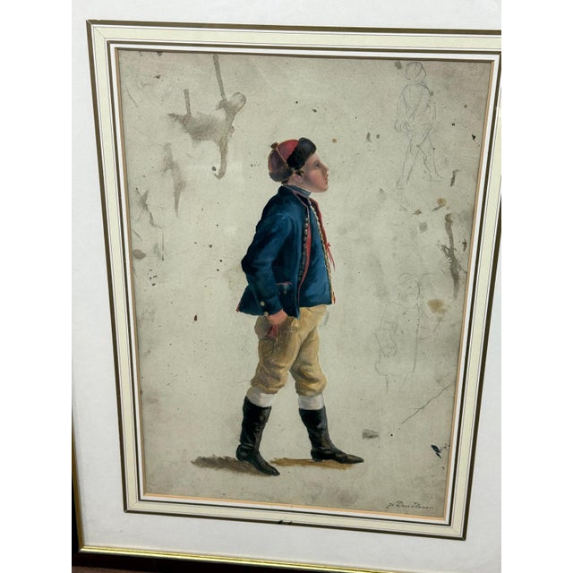 A charming and finely executed 19th-century French watercolor, depicting a young boy in profile dressed in a traditional...