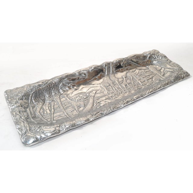 Mid-Century Modern 1990s Safari Giraffe Arthur Court Cast Aluminum Repousse Rectangle Serving Platter Tray For Sale - Image 3 of 12