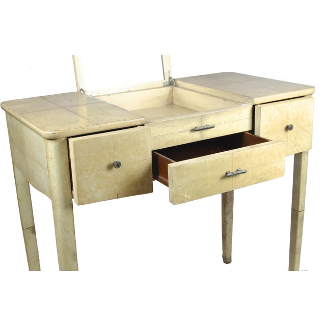 Khaki 1930s Scandinavian Modern Parchment-Covered Wood Convertible Vanity Table/Poudreuse With Lift-Top Mirror by Nordiska Kompaniet, Sweden For Sale - Image 8 of 11