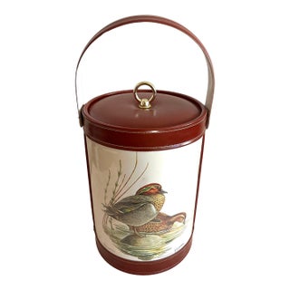 Mid 20th Century "Green-Winged Teal" Duck Illustrated Ice Bucket & Set of 4 Glasses For Sale