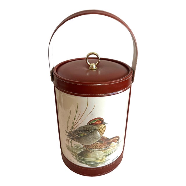 Mid 20th Century "Green-Winged Teal" Duck Illustrated Ice Bucket & Set of 4 Glasses For Sale