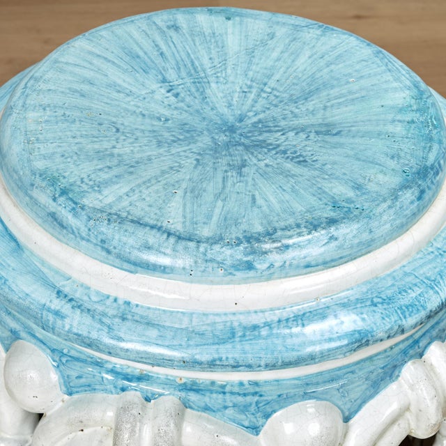 Vintage Italian Glazed Terra Cotta Blue and White Garden Seat For Sale In West Palm - Image 6 of 11