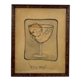 Vintage "Happy Days" Watercolor Painting: G.G. Drayton Cupid in Champagne Glass For Sale