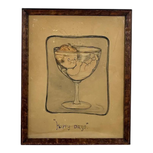 Vintage "Happy Days" Watercolor Painting: G.G. Drayton Cupid in Champagne Glass