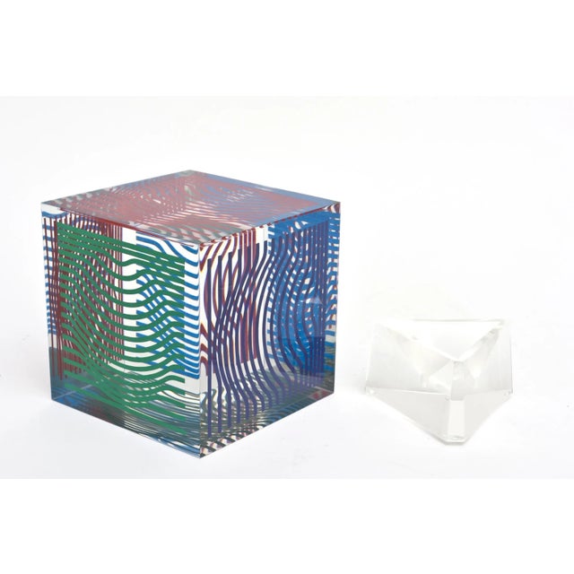 Vintage Victor Vasarely Op Art Silkscreen Acrylic Sculpture on Base Red, Blue, Green 1970's For Sale - Image 9 of 9