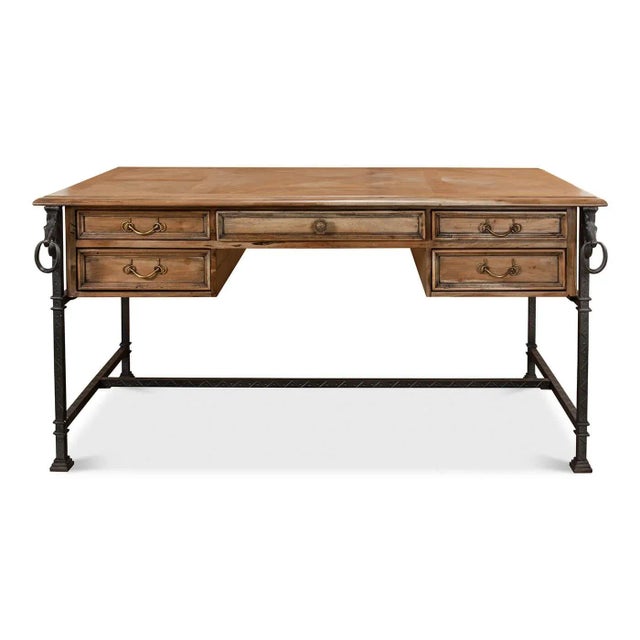 Made of walnut and reclaimed wood with an iron base. The parquetry inlaid top with five drawers is flanked by two horse...
