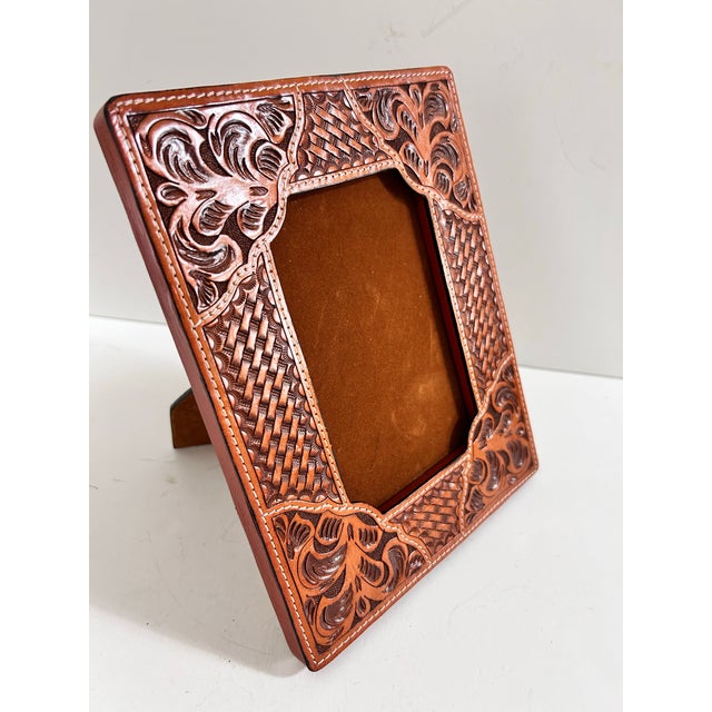Rustic 1970s Southwestern Tooled Leather Picture Frame With Croc Embossed Accents For Sale - Image 3 of 10