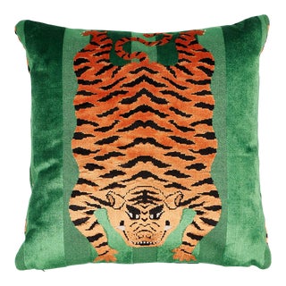 Schumacher x Johnson Hartig Jokhang Tiger Velvet 18" Pillow in Green For Sale