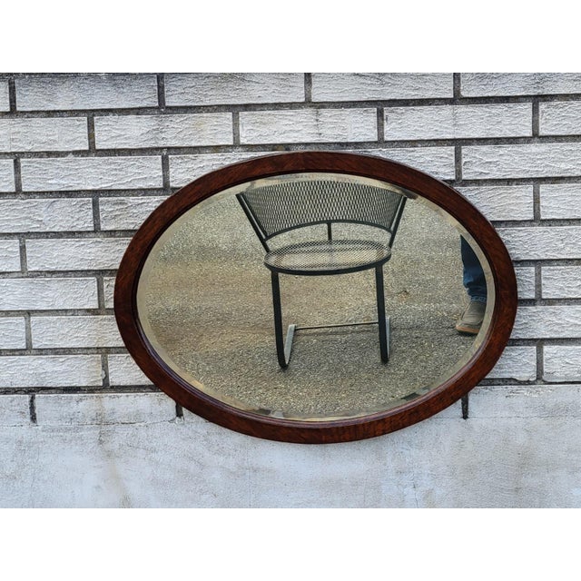 Wood 19th Century Victorian Oval Oak Wall Mirror Beveled Edge Antique Glass For Sale - Image 7 of 11