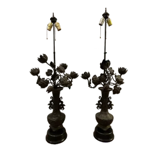 Large Scale Meiji Japanese Bronze Table Lamp W/ Floral Candelabra Mounts