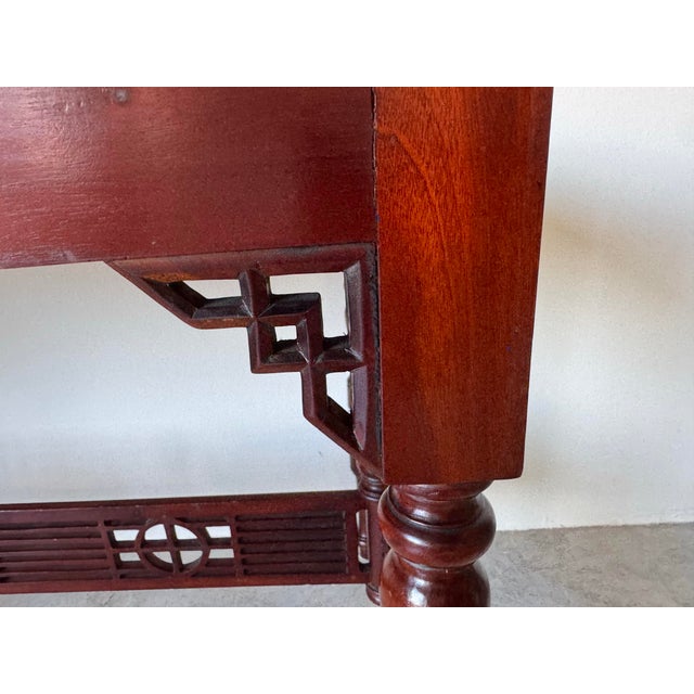 Vintage Chinese Carved Solid Mahogany Console Table With Latticework Details/ Sold For Sale - Image 11 of 11