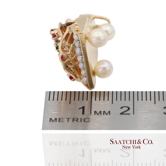 14k Solid Yellow Gold Pearl and Multicolor Gemstone Piano Charm Pendant For Sale - Image 11 of 11