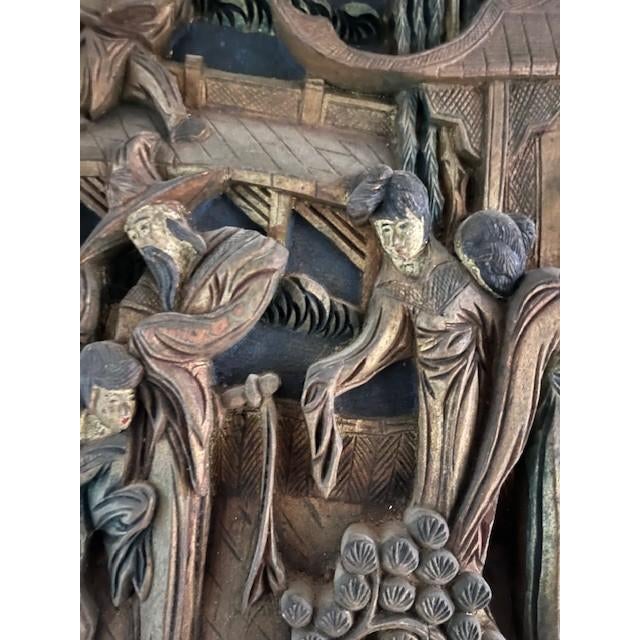 Chinoiserie Hand Carved Wood Chinese Wall Plaque Set - 3pc Vintage Chinoiserie Garden Panels For Sale - Image 3 of 18