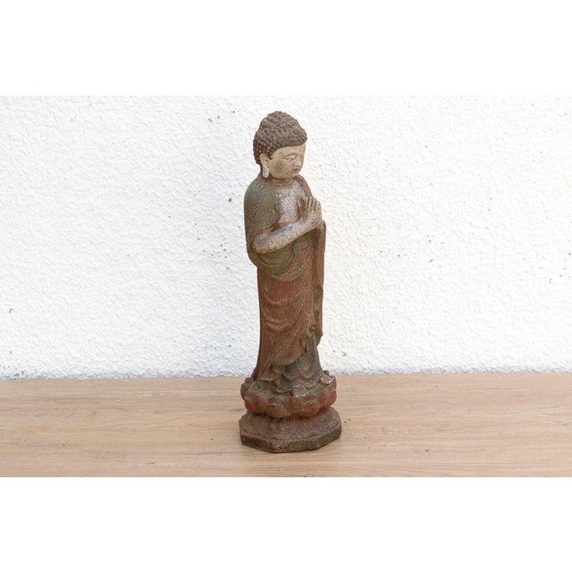 Petite Carved Wood Buddha on Lotus For Sale - Image 4 of 10