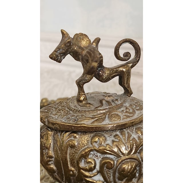 Brass Vintage Ornate Brass Pegasus Inkwell Tray With Glass Ink Insert For Sale - Image 8 of 18