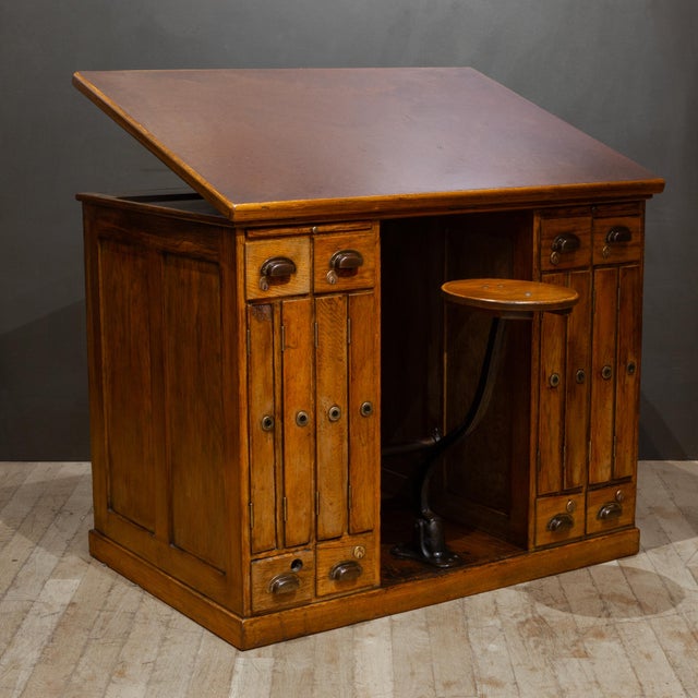 Industrial Antique Industrial Oak Architect's Desk With Integrated Swing-Out Stool c.1920 For Sale - Image 3 of 17