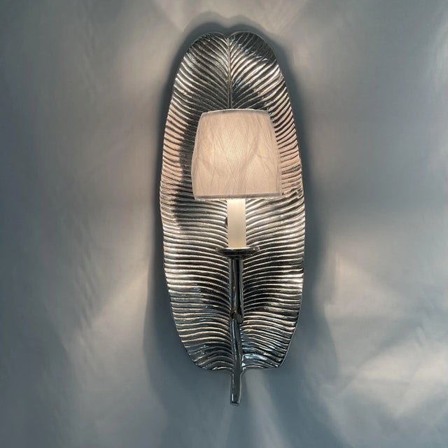 Contemporary Set of 2 Modern Silver Leaf Wall Sconces For Sale - Image 3 of 12