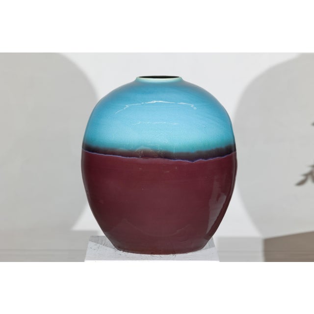Large Artisan Ceramic Vase with Turquoise Crackle Glaze and Deep Brown Ground For Sale - Image 17 of 18