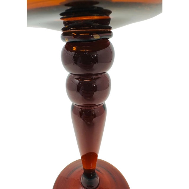 Vintage Mid-Century Modern Amber Glass Compote Dish | Italian Empoli Style Pedestal Candle Holder | MCM Home Decor | Blown Glass Centerpiece For Sale In Tampa - Image 6 of 8