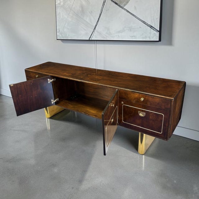 Wood 1970s Romweber Burled Wood Gold Accent Credenza With Filing Drawers For Sale - Image 7 of 18