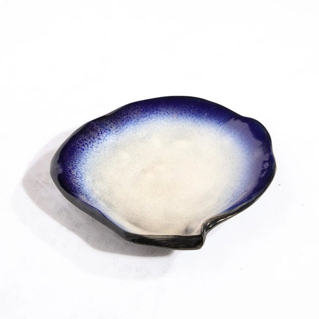 Mid-Century Abstract Blue & White Oyster Form Ceramic Plate Signed Pol Chambost For Sale - Image 10 of 12