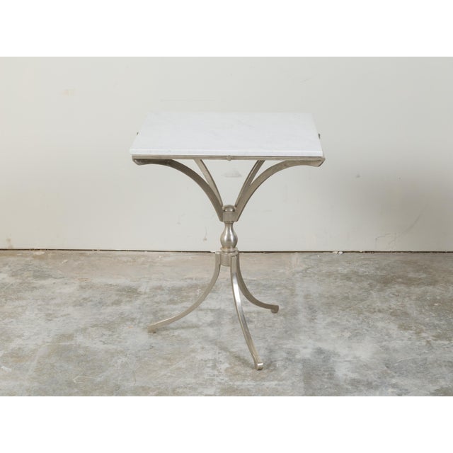 Italian Midcentury Steel Table with White Marble Top and Tripod Base For Sale - Image 4 of 11