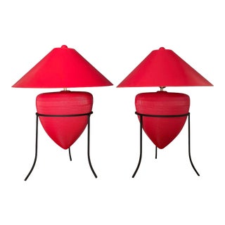 Mid 20th Century Red Postmodern Corrugated Cardboard Urn Lamps on Stand - a Pair For Sale