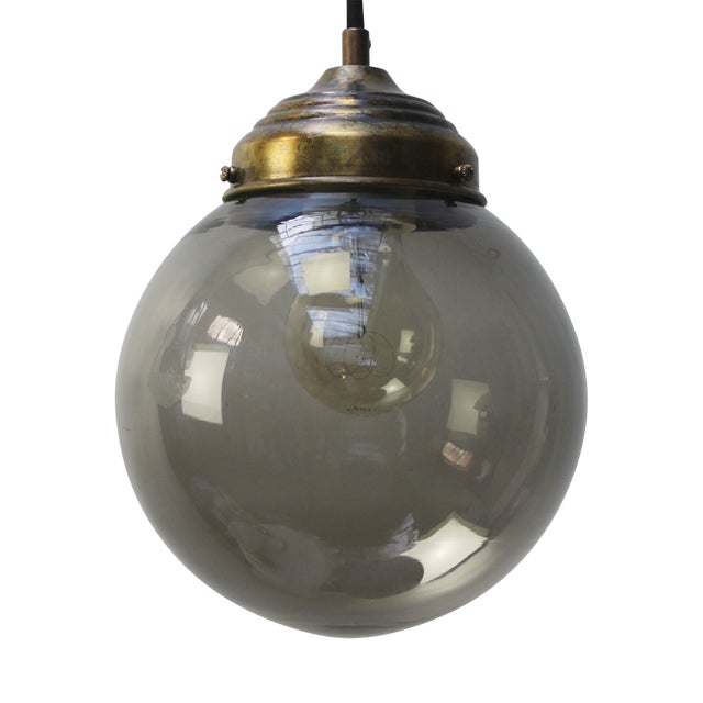 Vintage Dutch Smoked Glass and Brass Pendant Light For Sale