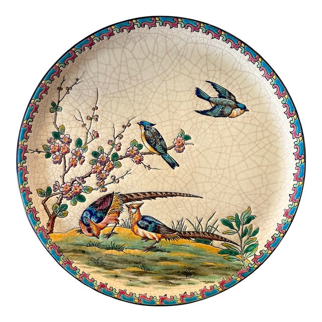 Mid Century French Longwy Faience Decorative Plate With Birds, 13″ – Émaux De Longwy For Sale