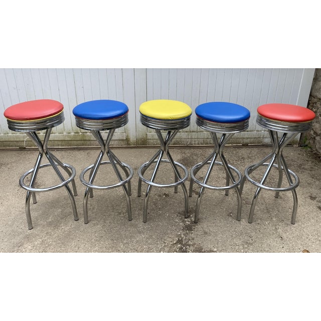 Mid-Century Modern Vintage Blue, Red, Orange, and Yellow Swivel Bar Stools, 1990s, Set of 5 For Sale - Image 3 of 18
