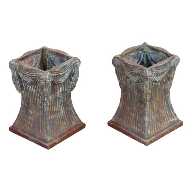 Neoclassical Style Pair Of Cast Iron Garden Planters Or Pedestal Bases For Sale