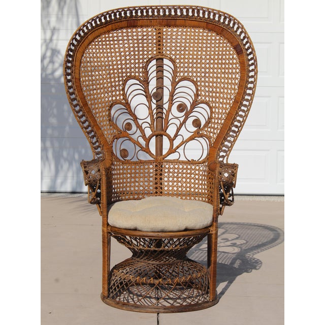 Brown Vintage Thai Bohemian Wicker Peacock Chair With Cushion For Sale - Image 8 of 18