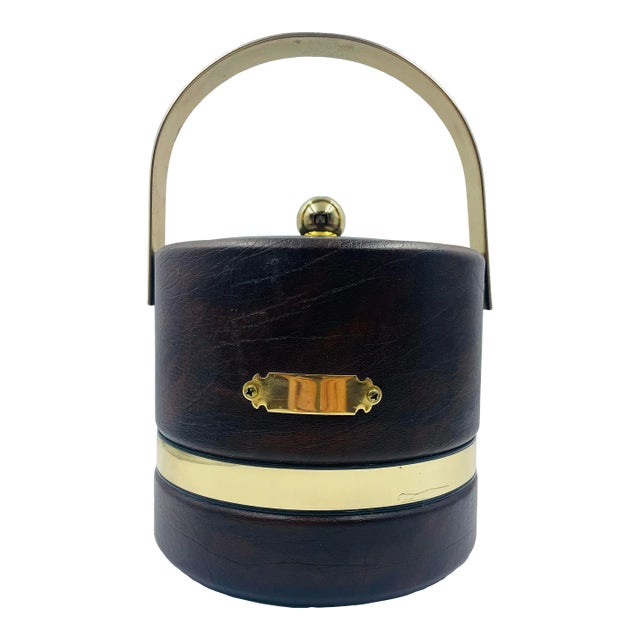 Vintage Georges Briard Coffee-Colored Faux Leather & Golden Accented Ice Bucket For Sale