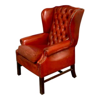 Vintage Red Leather Button Backed Wingback Armchair 20th Century For Sale